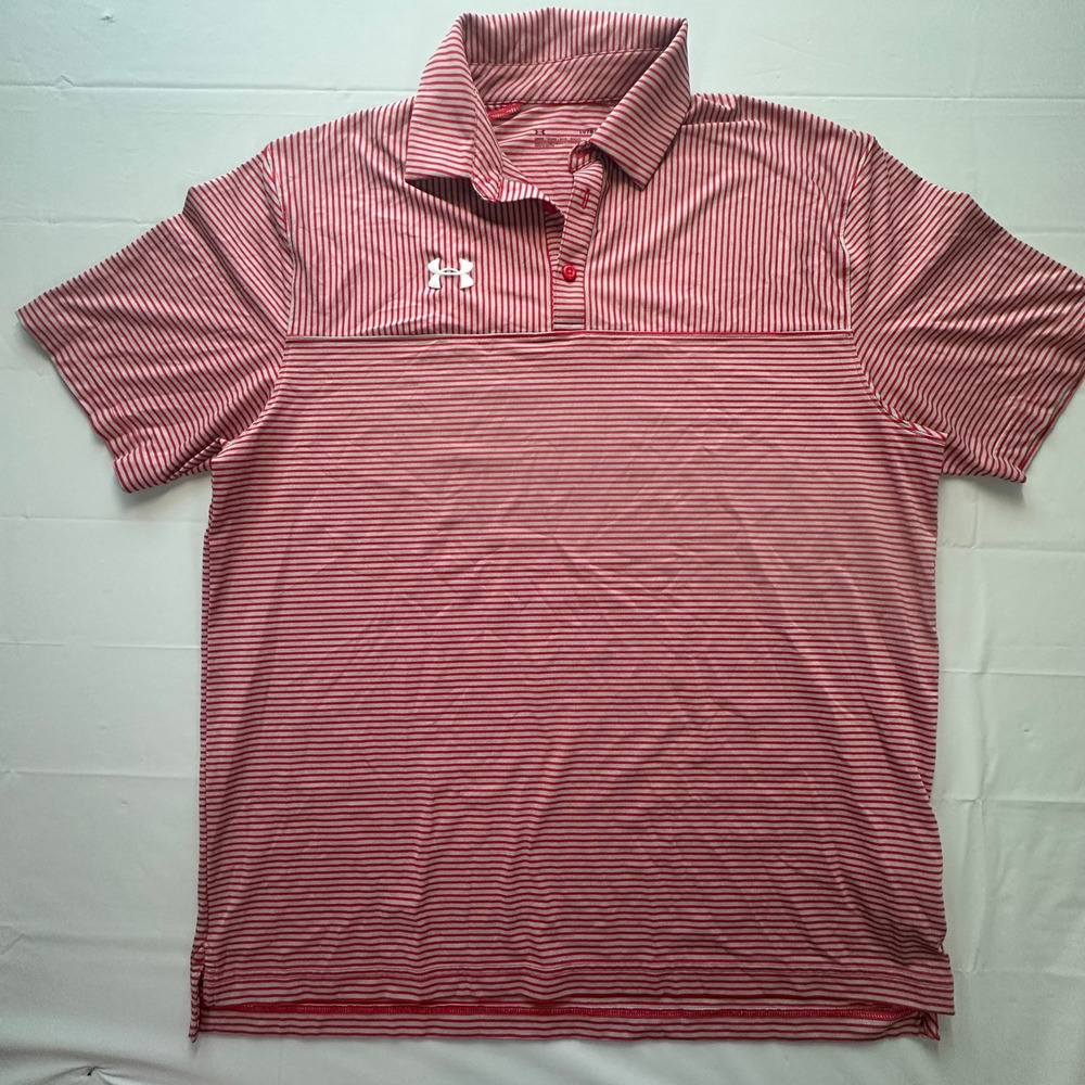 Under Armour Mens‎ Red Grey Striped HeatGear Polo Shirt 1270402 600 Large